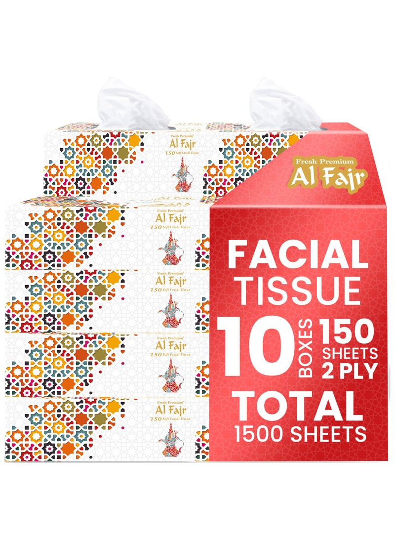 SNH Packing Al Fajr Facial Tissue Box Pack of 10, 150 Sheets x 2 Ply Each, Total 1500 Sheets - Image 1
